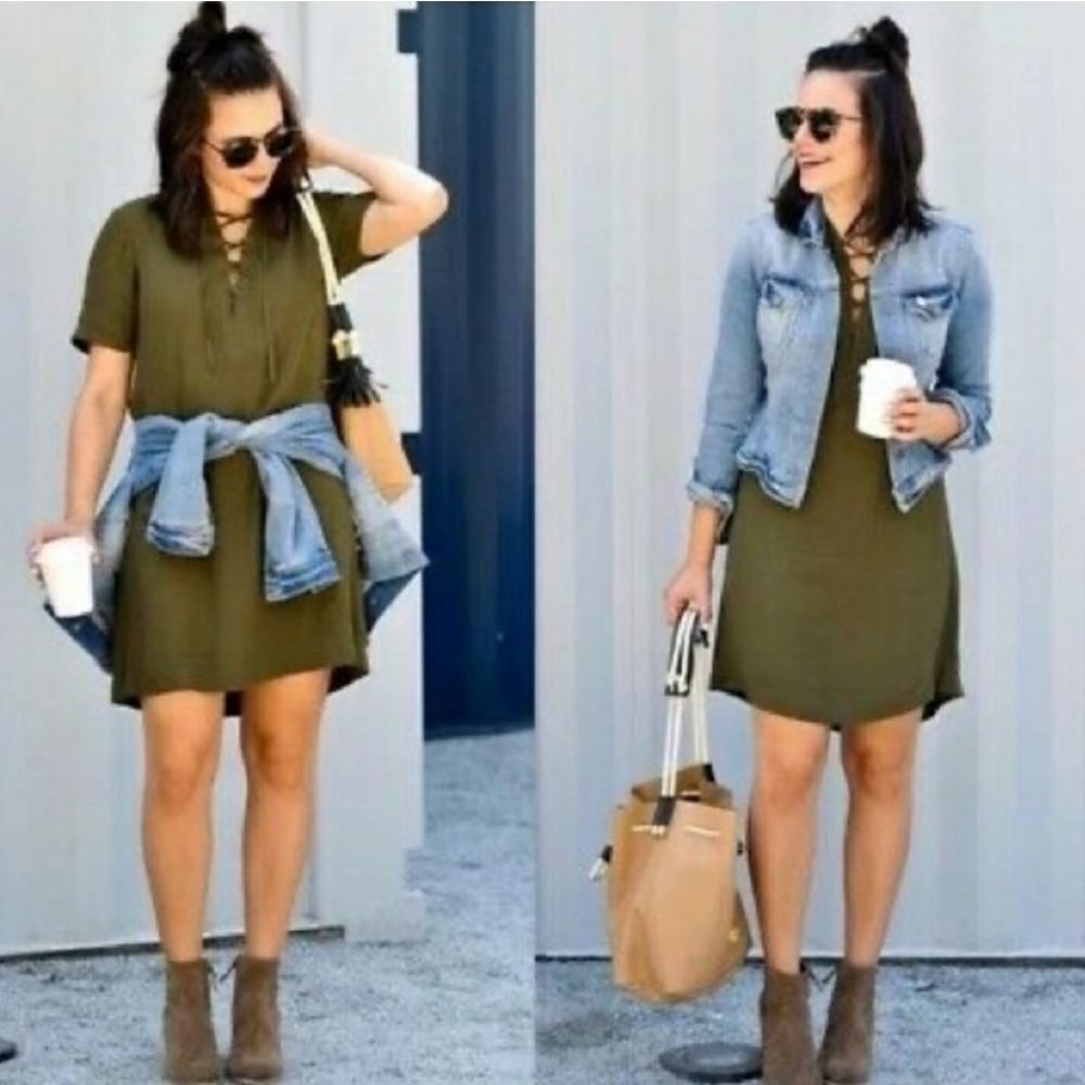 Madewell Olive Green Lace Up Shift Dress Boho T Shirt Mini Sz M Novella - Picture 3 of 14